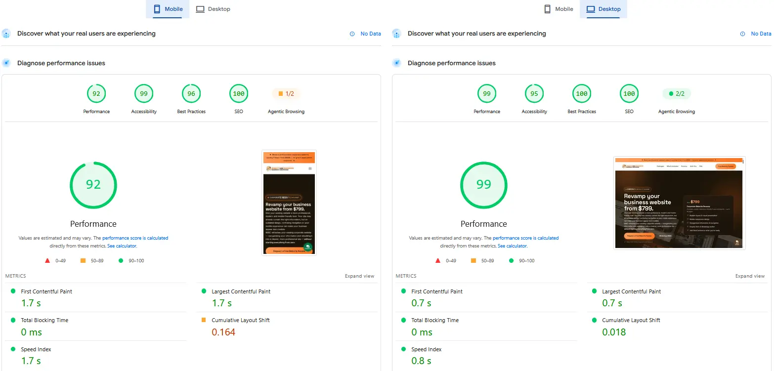 MIBC website PageSpeed Insights results — Mobile 92 and Desktop 99 performance scores