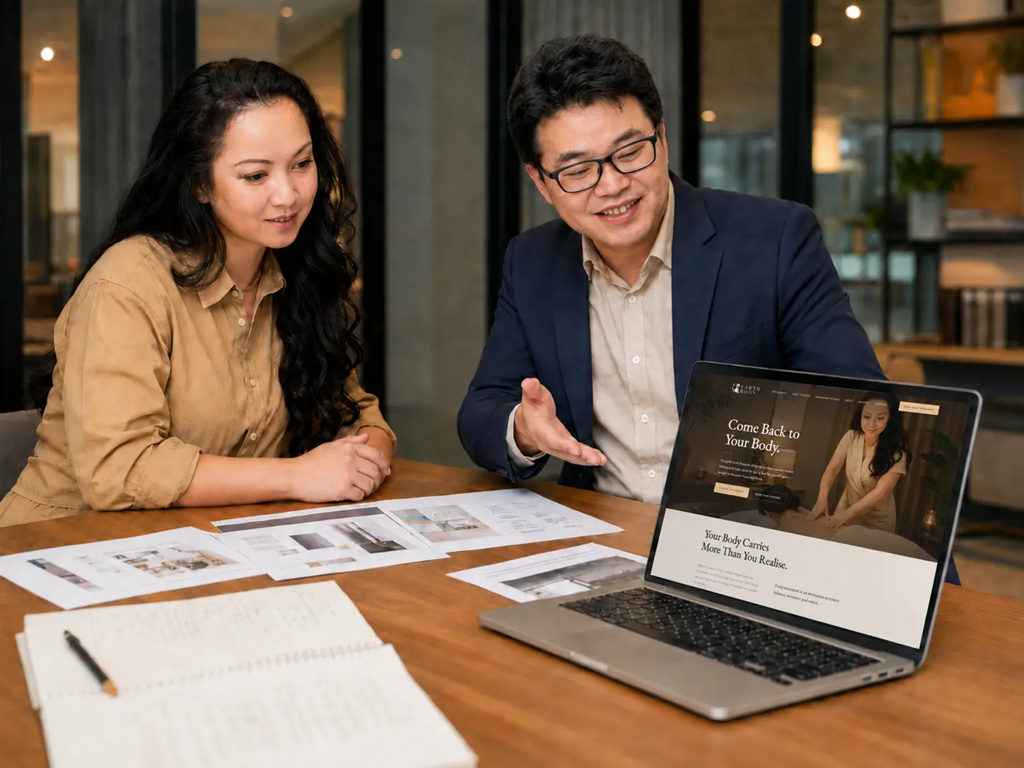 Earth Body and MIBC team reviewing the website revamp