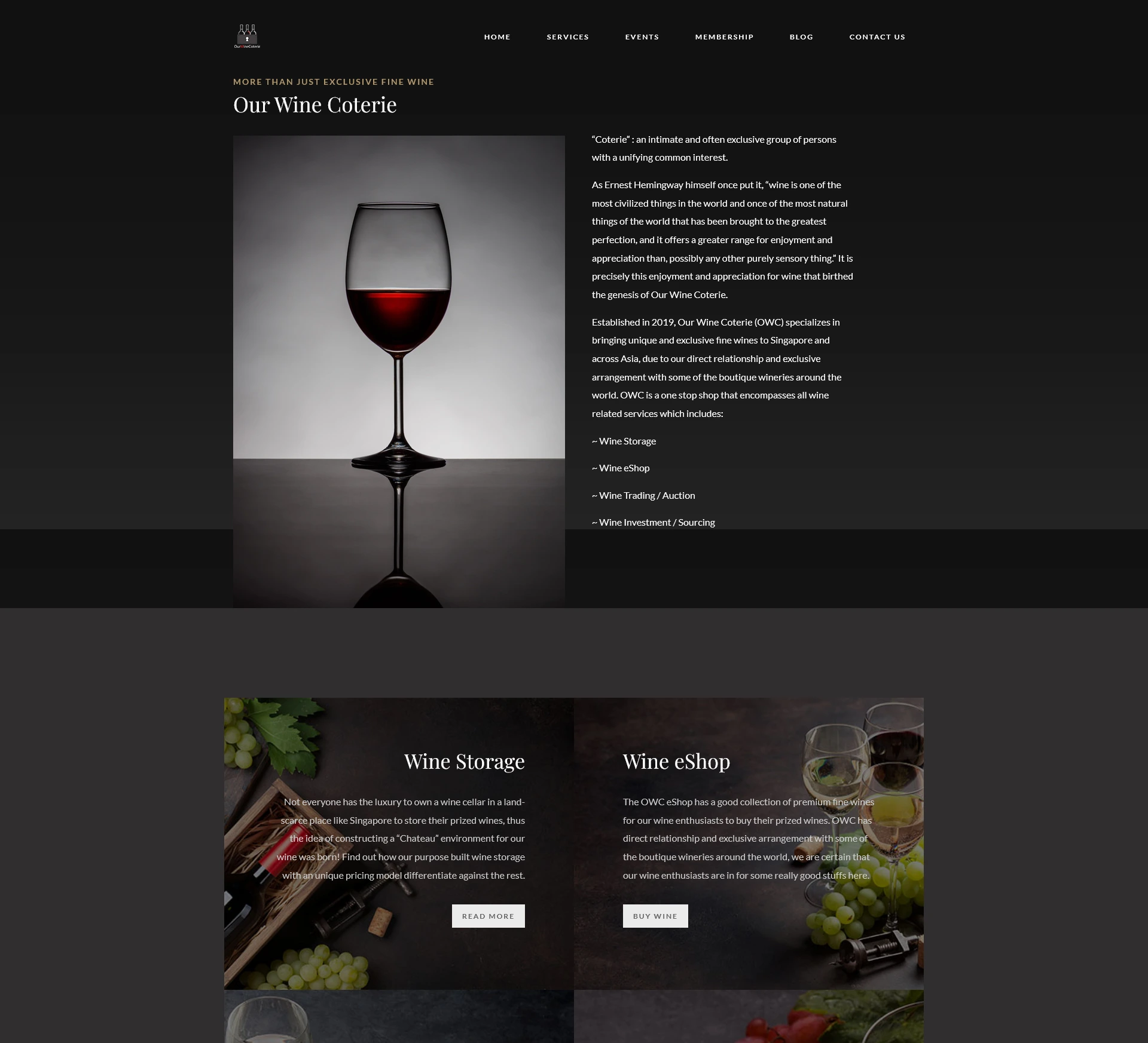 Our Wine Coterie website before the MIBC revamp